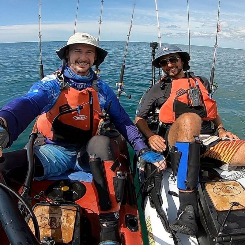 Jason and daniele kayaking offshore with viking fishing kayaks on the sunshine coast.
