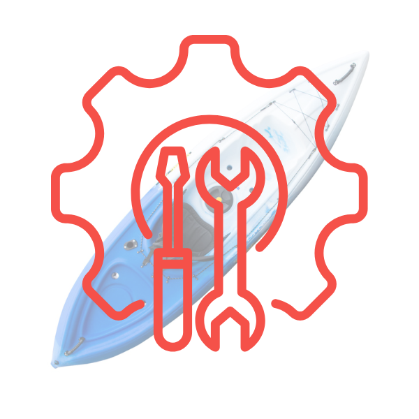 Gear icon and paddle on a faded kayak background