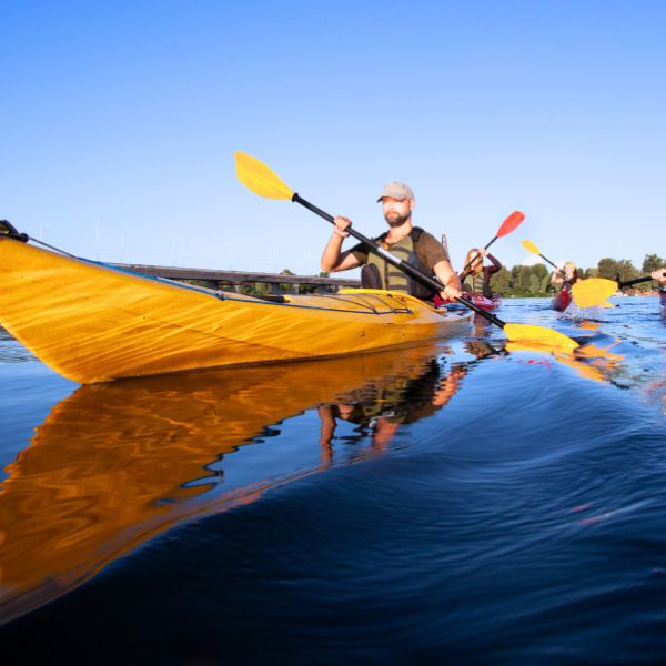 Instructor guiding a group of children on kayaks