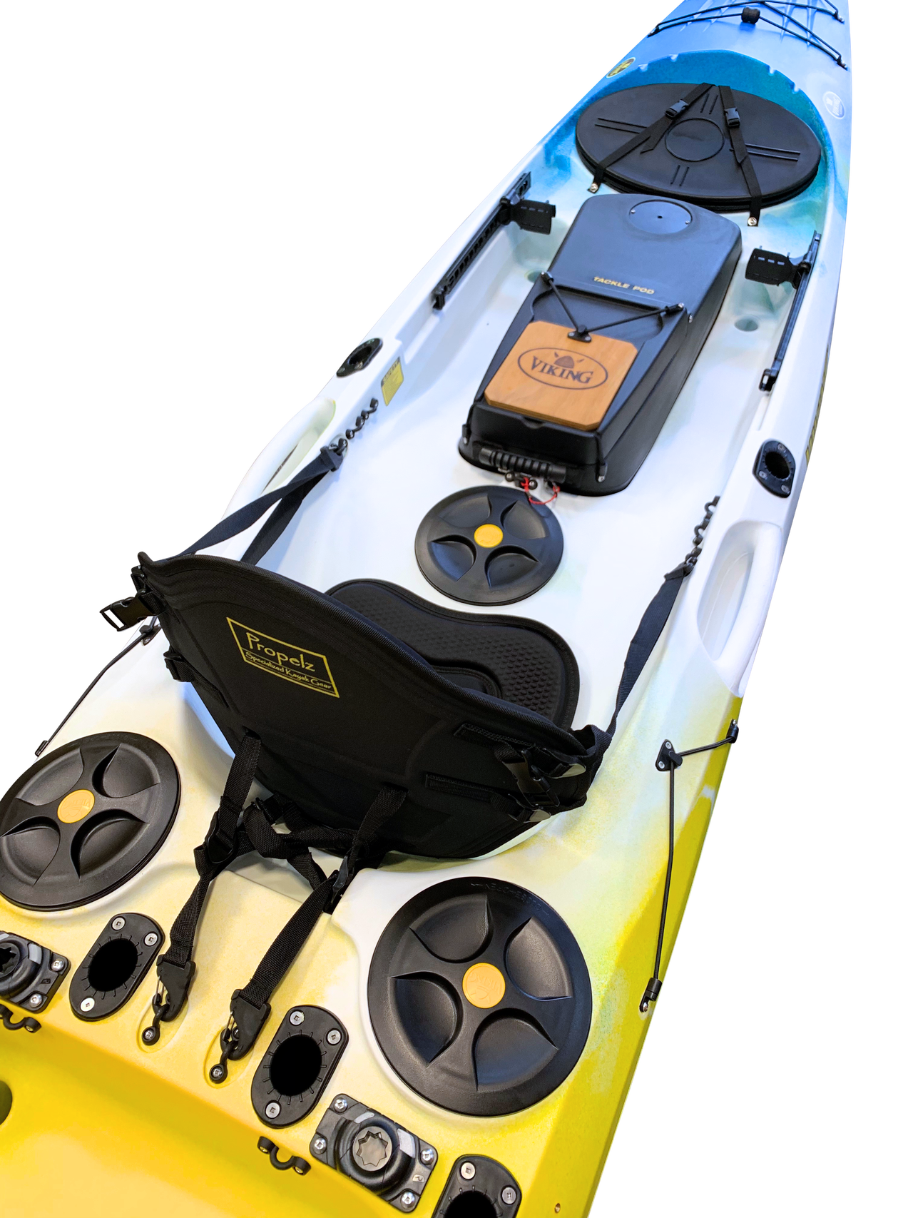 Top view of the viking profish reload kayak cockpit, showing the tackle pod, propelz seat, hatches, and accessory mounts.