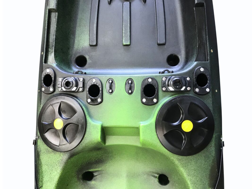 Viking Profish Reload - top view of the hatches and flush mounted rod holders