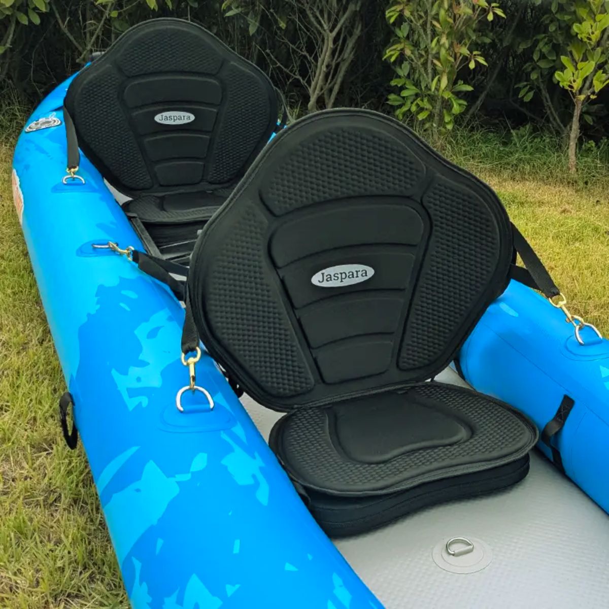 Dual Rubix seats on Jaspara Quest Tandem Inflatable Kayak with high back support