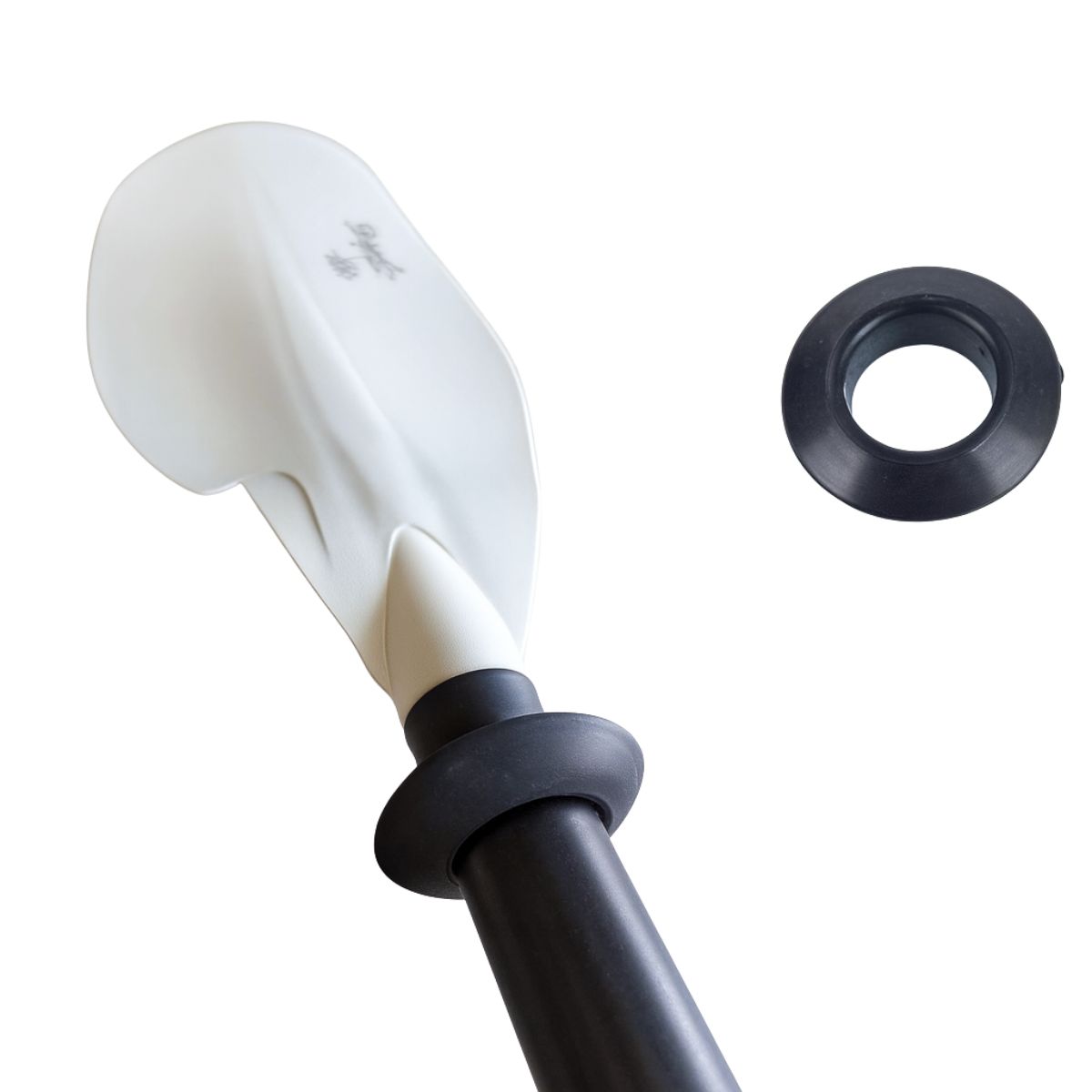 Drip ring installed on paddle shaft Viking kayak paddle with black rubber drip ring installed